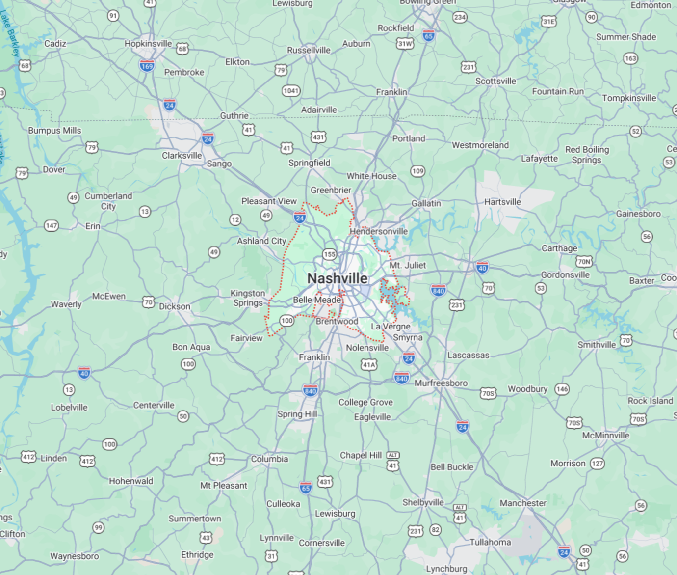 Map of the Middle Tennessee counties served by Horn Construction Group, centred on Nashville
