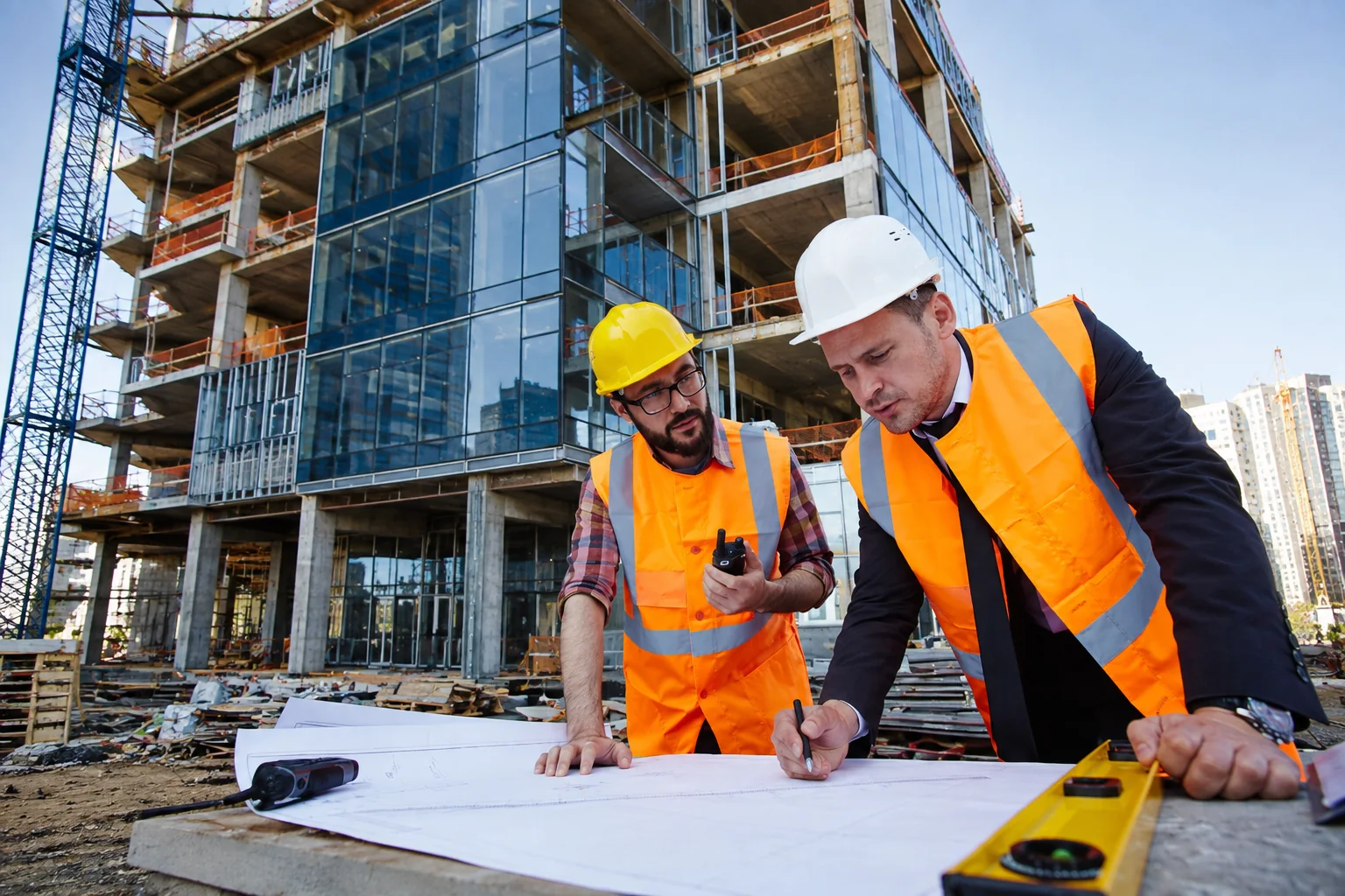 Construction manager reviewing drawings on a commercial project in Nashville