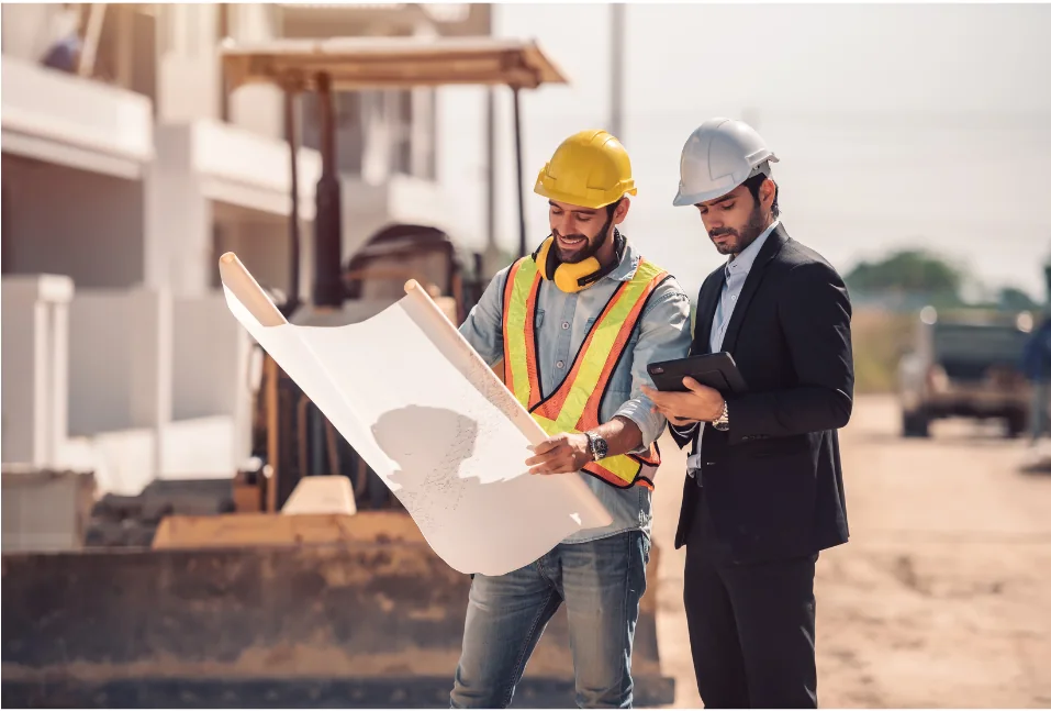 Construction manager and superintendent reviewing plans on a commercial site